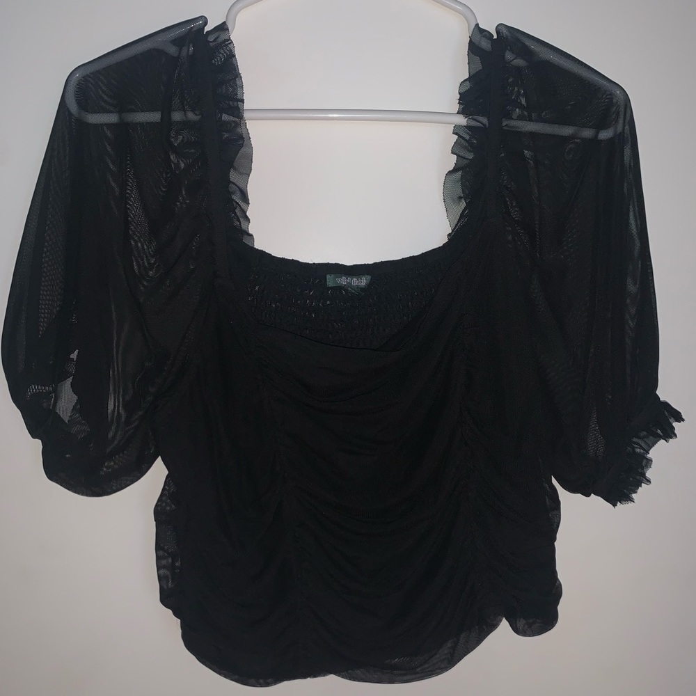 Black ruffled crop top with sheer blowout sleeves